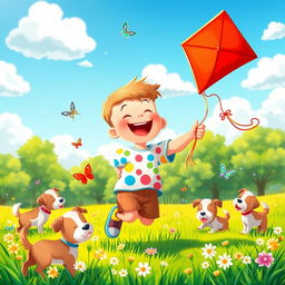 A whimsical and cheerful scene featuring a jolly young boy with a round face and chubby cheeks, wearing a colorful t-shirt and shorts, playing joyfully in a sunny park filled with green grass and flowers