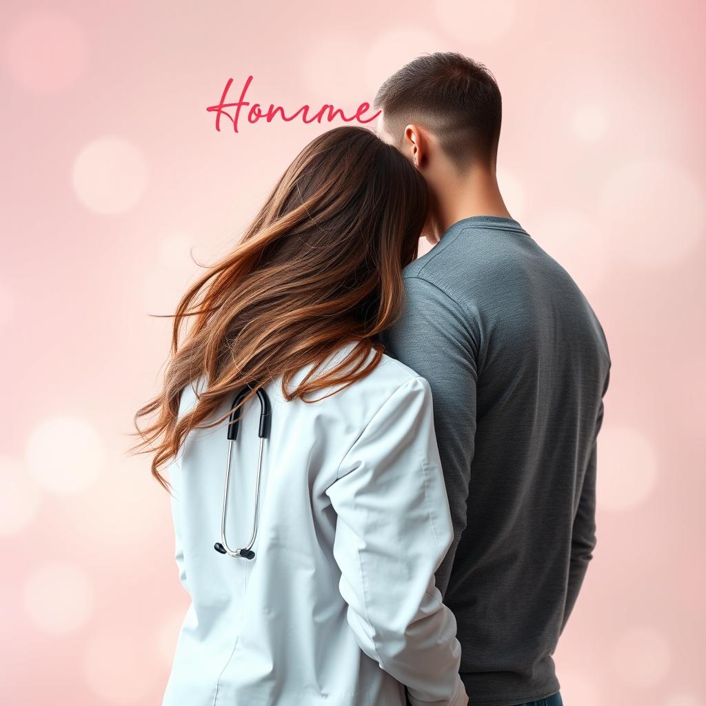 A romantic book cover featuring a female doctor with long flowing hair turned away from a man, both standing close with their backs touching but without showing their faces