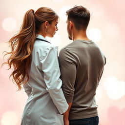 A romantic book cover featuring a female doctor with long flowing hair turned away from a man, both standing close with their backs touching but without showing their faces