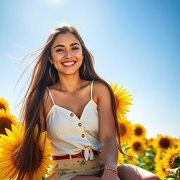 A stunning young woman with long, flowing hair, dressed in a fashionable summer outfit, sitting in a bright sunflower field under a clear blue sky