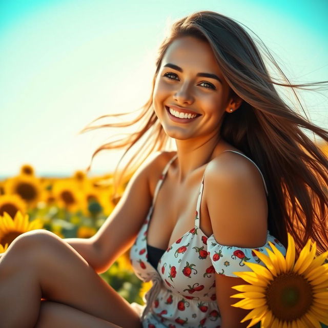 A stunning young woman with long, flowing hair, dressed in a fashionable summer outfit, sitting in a bright sunflower field under a clear blue sky
