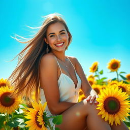 A stunning young woman with long, flowing hair, dressed in a fashionable summer outfit, sitting in a bright sunflower field under a clear blue sky