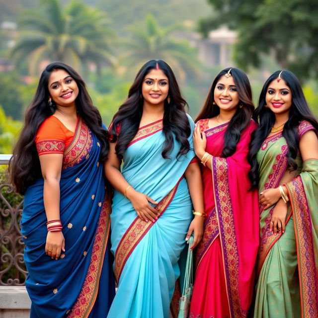 A stunning group of curvy Indian Marathi models posing confidently in traditional Marathi attire, showcasing vibrant colors and intricate embroidery