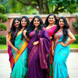 A stunning group of curvy Indian Marathi models posing confidently in traditional Marathi attire, showcasing vibrant colors and intricate embroidery