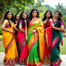 A stunning group of curvy Indian Marathi models posing confidently in traditional Marathi attire, showcasing vibrant colors and intricate embroidery