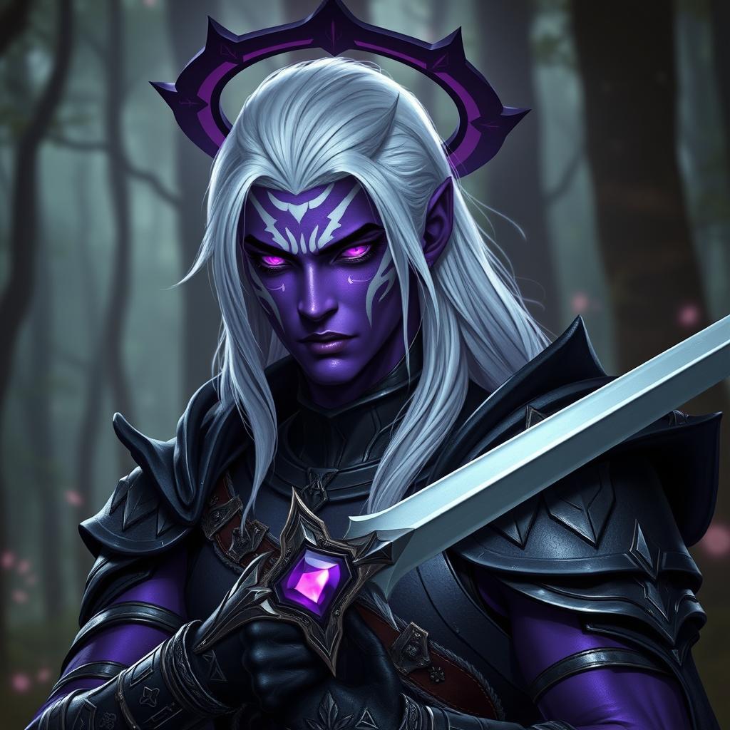 A striking male drow paladin with vibrant purple skin, exuding an otherworldly aura