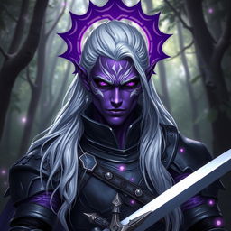 A striking male drow paladin with vibrant purple skin, exuding an otherworldly aura