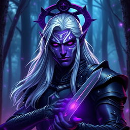 A striking male drow paladin with vibrant purple skin, exuding an otherworldly aura