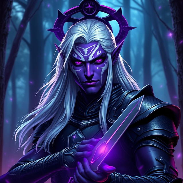 A striking male drow paladin with vibrant purple skin, exuding an otherworldly aura