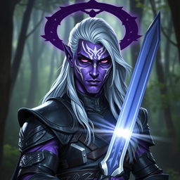 A striking male drow paladin with vibrant purple skin, exuding an otherworldly aura