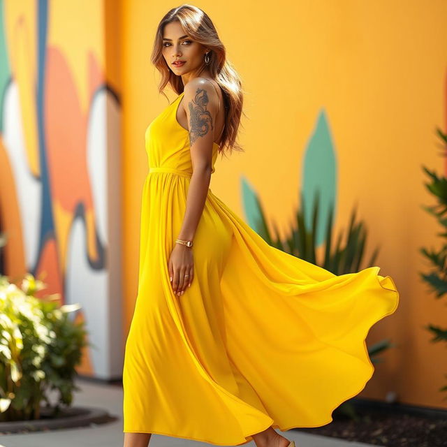 A stunning woman in a vibrant yellow summer dress that flows elegantly, accentuating her curves