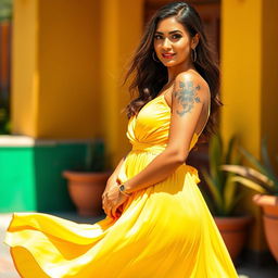 A stunning woman in a vibrant yellow summer dress that flows elegantly, accentuating her curves