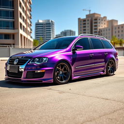 A striking Volkswagen Passat B6 Station Wagon in a vibrant purple color, featuring an aggressive wide bodykit that enhances its sporty appearance