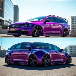 A striking Volkswagen Passat B6 Station Wagon in a vibrant purple color, featuring an aggressive wide bodykit that enhances its sporty appearance