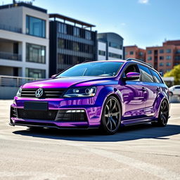 A striking Volkswagen Passat B6 Station Wagon in a vibrant purple color, featuring an aggressive wide bodykit that enhances its sporty appearance