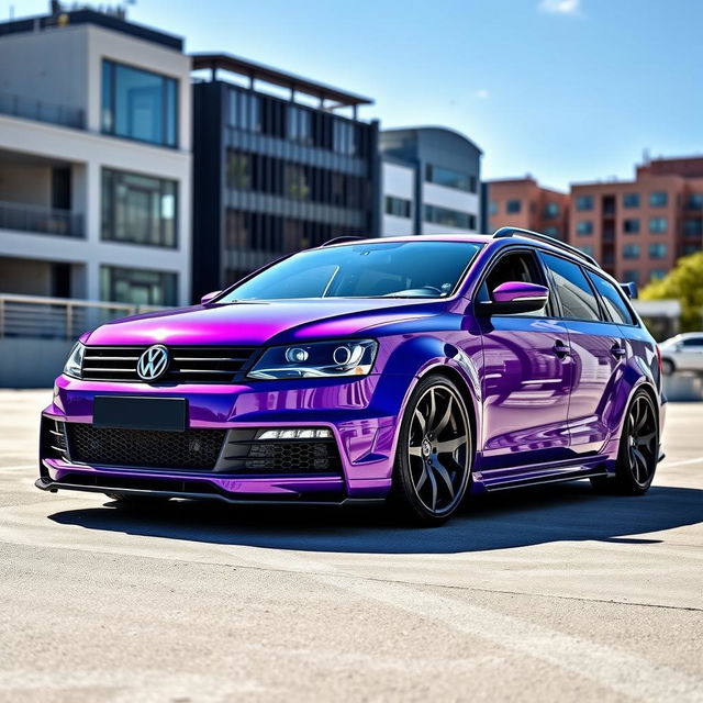 A striking Volkswagen Passat B6 Station Wagon in a vibrant purple color, featuring an aggressive wide bodykit that enhances its sporty appearance