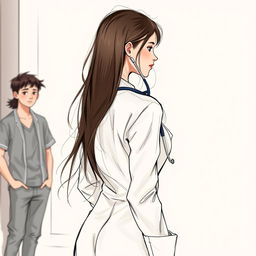 A detailed body sketch of a female doctor, depicted from the back, showcasing her professional attire, including a lab coat and stethoscope