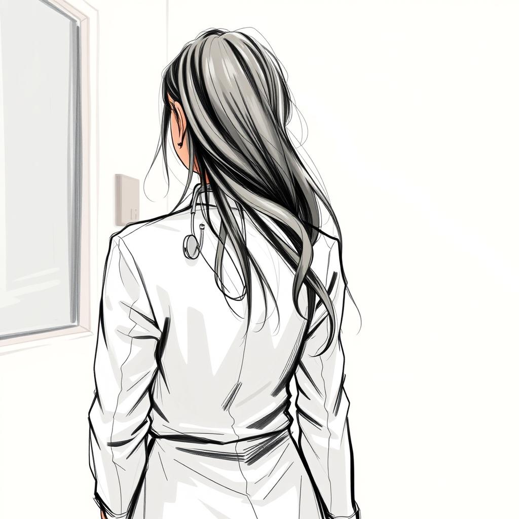 A detailed body sketch of a female doctor, depicted from the back, showcasing her professional attire, including a lab coat and stethoscope