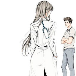 A detailed body sketch of a female doctor, depicted from the back, showcasing her professional attire, including a lab coat and stethoscope
