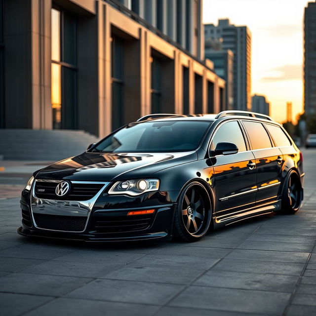 A custom Volkswagen Passat B6 SW with a wide bodykit, showcasing its dramatic stance and aggressive lines