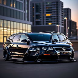 A custom Volkswagen Passat B6 SW with a wide bodykit, showcasing its dramatic stance and aggressive lines