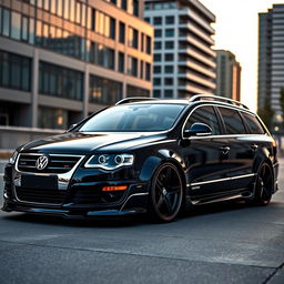 A custom Volkswagen Passat B6 SW with a wide bodykit, showcasing its dramatic stance and aggressive lines