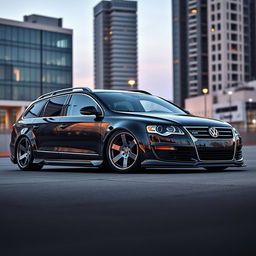 A custom Volkswagen Passat B6 SW with a wide bodykit, showcasing its dramatic stance and aggressive lines