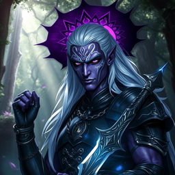 An impressive male drow paladin adorned with striking purple skin that glistens in the light