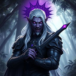 An impressive male drow paladin adorned with striking purple skin that glistens in the light