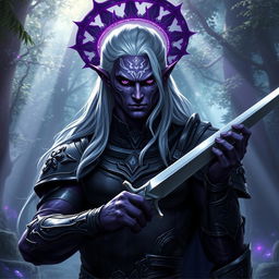 An impressive male drow paladin adorned with striking purple skin that glistens in the light