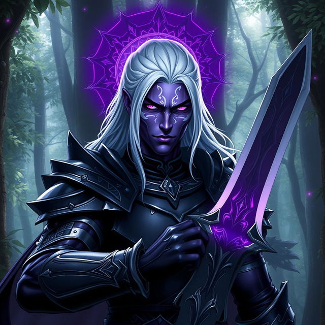 An impressive male drow paladin adorned with striking purple skin that glistens in the light