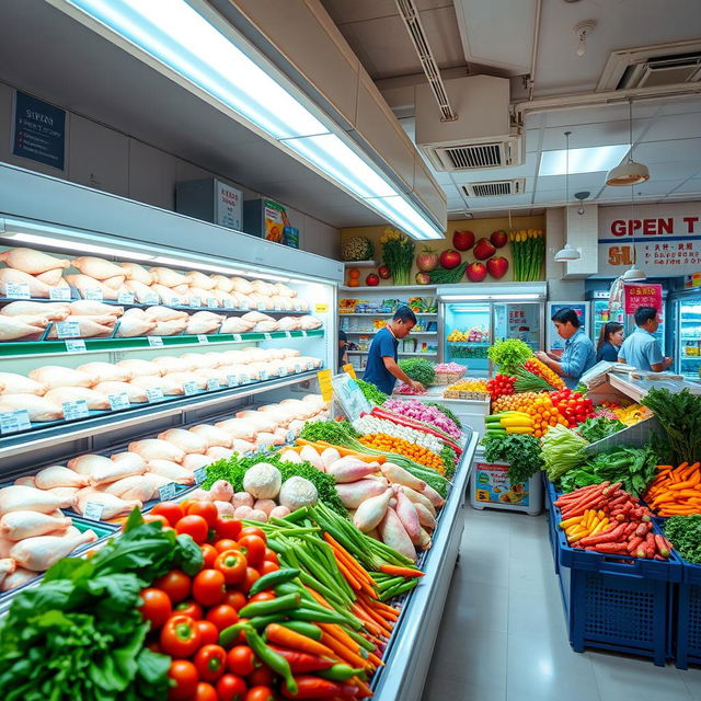 A vibrant frozen chicken shop with a wide variety of frozen chickens displayed attractively in glass cases