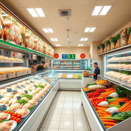 A vibrant frozen chicken shop with a wide variety of frozen chickens displayed attractively in glass cases