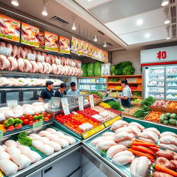 A vibrant frozen chicken shop with a wide variety of frozen chickens displayed attractively in glass cases