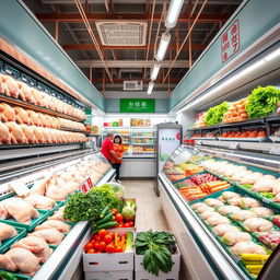 A vibrant frozen chicken shop with a wide variety of frozen chickens displayed attractively in glass cases