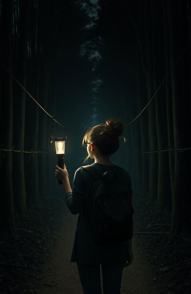 A dark, dusty forest with a narrow path leading deeper into the shadows, showcasing the back of a nerdy girl holding a flickering torch, illuminating the surrounding scene