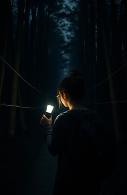 A dark, dusty forest with a narrow path leading deeper into the shadows, showcasing the back of a nerdy girl holding a flickering torch, illuminating the surrounding scene
