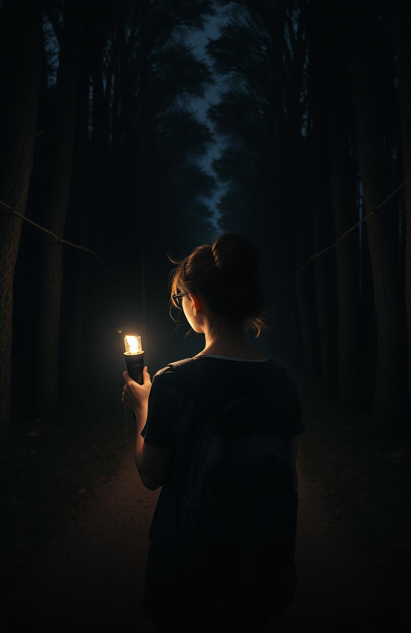 A dark, dusty forest with a narrow path leading deeper into the shadows, showcasing the back of a nerdy girl holding a flickering torch, illuminating the surrounding scene