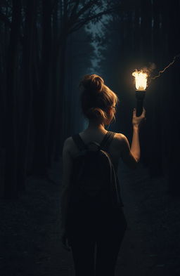 A dark, dusty forest with a narrow path leading deeper into the shadows, showcasing the back of a nerdy girl holding a flickering torch, illuminating the surrounding scene
