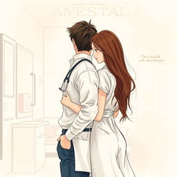 A romantic book cover featuring a body sketch of a female doctor with long brown hair turned away from a man, both with their backs touching in a tender pose