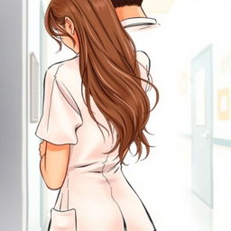 A romantic book cover featuring a body sketch of a female doctor with long brown hair turned away from a man, both with their backs touching in a tender pose