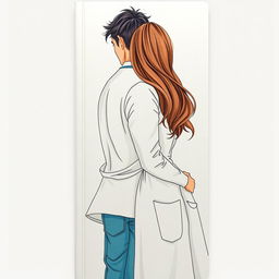A romantic book cover featuring a body sketch of a female doctor with long brown hair turned away from a man, both with their backs touching in a tender pose
