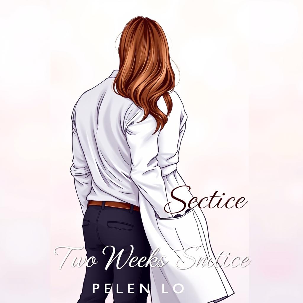 A romantic book cover featuring a body sketch of a female doctor with long brown hair, elegantly turned away from a male figure