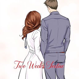 A romantic book cover featuring a body sketch of a female doctor with long brown hair, elegantly turned away from a male figure