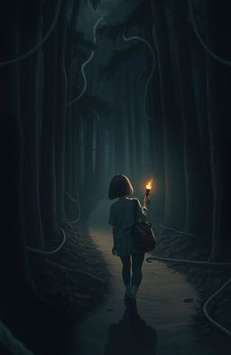 A dark, dusty forest with thick, towering trees and a narrow path spiraling through it