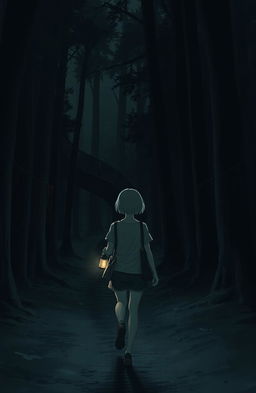 A dark, dusty forest with thick, towering trees and a narrow path spiraling through it