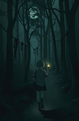A dark, dusty forest with thick, towering trees and a narrow path spiraling through it