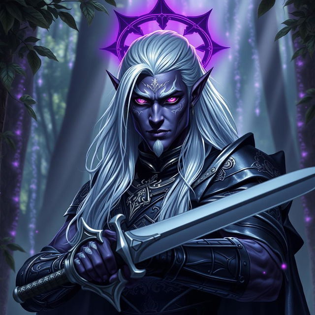 A powerful male drow paladin characterized by his striking purple skin that gleams with a magical hue