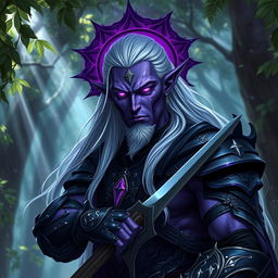 A powerful male drow paladin characterized by his striking purple skin that gleams with a magical hue