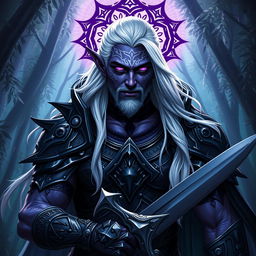 A powerful male drow paladin characterized by his striking purple skin that gleams with a magical hue